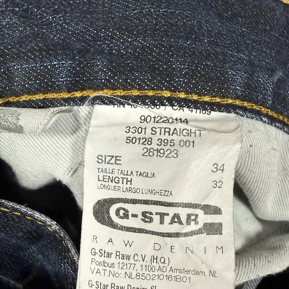 G Star Raw Jeans Men 34x30 Blue 3301 Straight Leg‎ Dark Wash Button Fly Italy